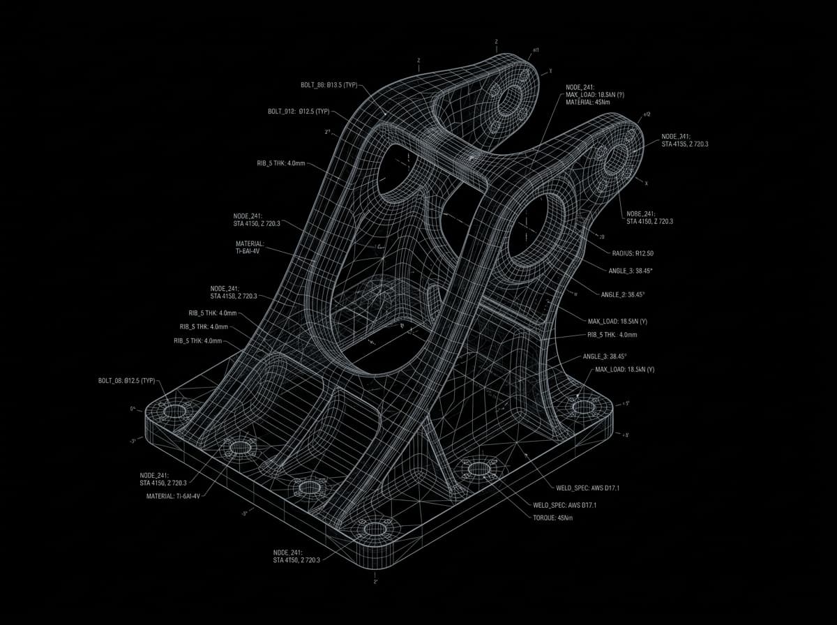 3D wireframe CAD model of an aerospace bracket with technical annotations on a black background