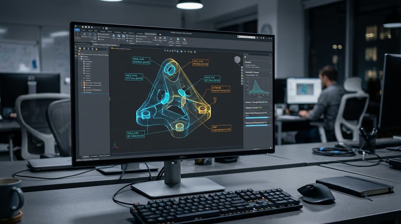 Engineering workstation with a monitor showing a 3D point-cloud model of an aerospace bracket and analysis software